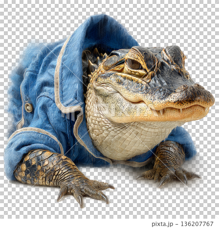 Whimsical alligator sporting a cozy blue jacket, perfect for quirky marketing campaigns and fun storytelling, radiating playful charm and unexpected style for creative projects seeking a unique 136207767