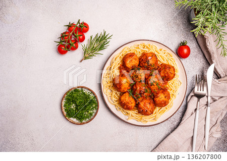 Spaghetti pasta with meatballs and tomato sauce Spaghetti pasta with meatballs and tomato sauce 136207800