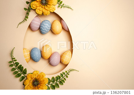 Top view pastel beige background with Easter decor 136207801