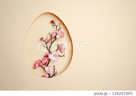 Top view pastel beige background with Easter decor Top view pastel beige background with Easter decor 136207805