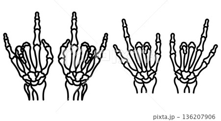 Skeleton hands making rock and roll and middle finger gestures 136207906