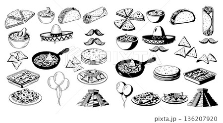 Handdrawn Mexican food icons with ancient pyramid, festive clip art collection for menus 136207920