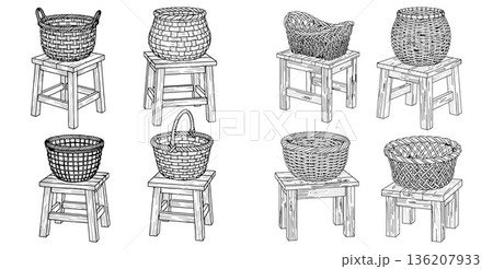 Handdrawn wicker baskets on wooden stools illustration, vintage outline drawing style for crafts projects 136207933