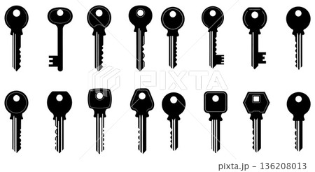 Key silhouettes assortment, diverse lock designs set, security elements collection of different shapes 136208013