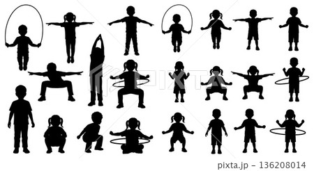 Kids silhouettes exercising jumping rope, stretching, hula hoop fitness activity poses set 136208014