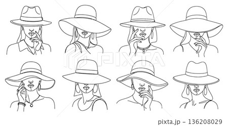 Line art collection of stylish women with elegant hats, jewelry, and hand gestures 136208029