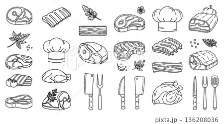 Line art food icons with meat cuts, kitchen cutlery, and chef's hat assortment Line art food icons with meat cuts, kitchen cutlery, and chef's hat assortment 136208036