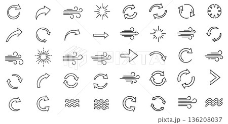 Line art icon set, showing arrows, wind, water waves, sun rays, various orientations Line art icon set, showing arrows, wind, water waves, sun rays, various orientations 136208037