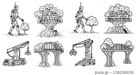 Line art illustration featuring robots, treehouses, and craneoperated structures for science fiction designs 136208038