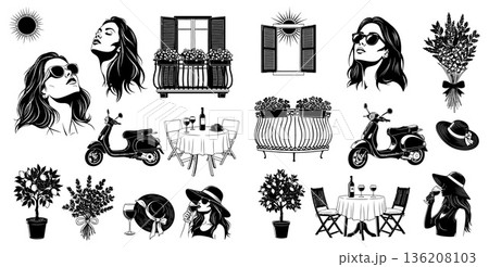 Monochrome set of European summer lifestyle illustrations with woman, moped, wine, balcony, and sunlight Monochrome set of European summer lifestyle illustrations with woman, moped, wine, balcony, and sunlight 136208103