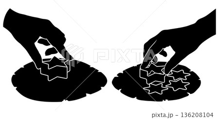 Monochrome silhouette of hands cutting starshaped cookies from dough, preparing holiday baking 136208104