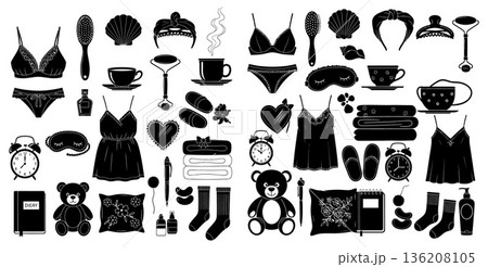 Monochrome silhouette of selfcare items, bedtime accessories, and relaxation objects for prints 136208105