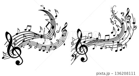 Music notes flowing on staff lines, with treble clef in black silhouette 136208111