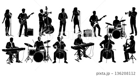 Musical band silhouettes set, with singer, drummer, guitarist, and other musicians playing instruments 136208112
