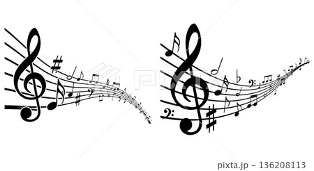 Musical notes flowing on staff lines with clefs and sharps 136208113