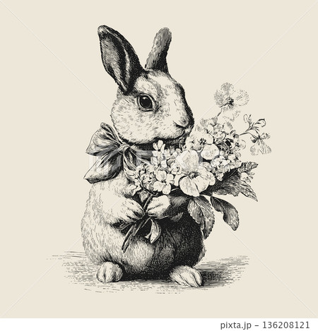 Vintage Easter Bunny with Floral Bouquet Engraved Illustration 136208121