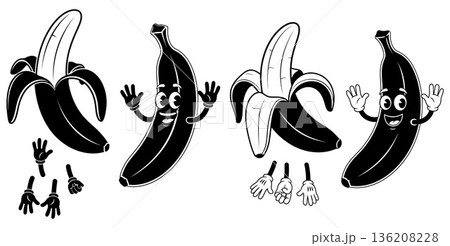 Retro banana cartoon set, peeled and unpeeled, classic animation style with smiling faces Retro banana cartoon set, peeled and unpeeled, classic animation style with smiling faces 136208228