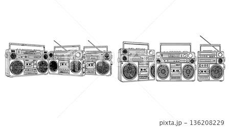 Retro boombox sketch illustration with vintage design elements, audio player outline isolated on white 136208229