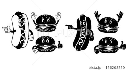 Retro cartoon burger and hotdog mascot characters in various poses, illustration 136208230