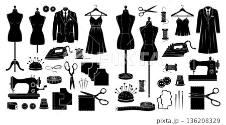 Set of sewing accessories, tailor equipment, garment industry tools, and dressmaking equipment in silhouette Set of sewing accessories, tailor equipment, garment industry tools, and dressmaking equipment in silhouette 136208329