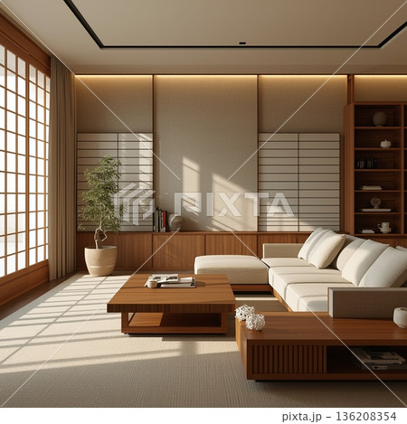 和モダンなリビングルームのインテリア〜明るい日差しと気の温もり 136208354