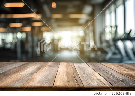 Empty black marble stone table top on blurred with bokeh Exercise room, fitness and gym interior background - can be used for display or montage your products 136208495