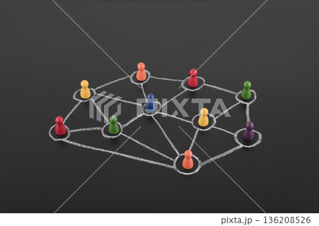 Colorful group of people figures connected with chalk on blackboard. Diversify people and social network concept Colorful group of people figures connected with chalk on blackboard. Diversify people and social network concept 136208526