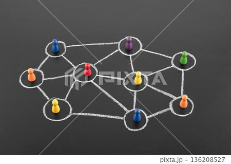 Colorful group of people figures connected with chalk on blackboard. Diversify people and social network concept 136208527