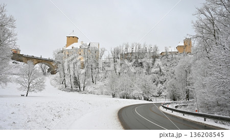 Winter landscape with a beautiful Gothic castle Veveri. Brno city Czech Republic Central Europe. Winter landscape with a beautiful Gothic castle Veveri. Brno city Czech Republic Central Europe. 136208545