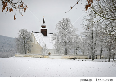 Winter landscape with a beautiful chapel near castle Veveri. Czech Republic city of Brno. The Chapel of the Mother of God. Winter landscape with a beautiful chapel near castle Veveri. Czech Republic city of Brno. The Chapel of the Mother of God. 136208546