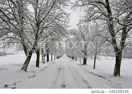Snowy winter road. Dangerous car driving in the mountains in the winter. Concept for transportation, cars and travel. Snowy winter road. Dangerous car driving in the mountains in the winter. Concept for transportation, cars and travel. 136208548