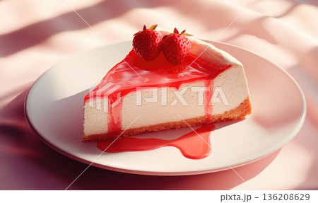 A slice of strawberry cheesecake with a drizzle of sauce on top 136208629