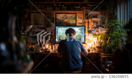 Creative journey unfolds in a cozy artist's studio filled with inspiration 136208655