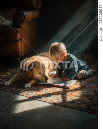 Toddler enjoys story time with a loyal dog in a cozy room Toddler enjoys story time with a loyal dog in a cozy room 136208656