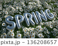 Shiny spring letters emerge from a vibrant daisy-filled meadow 136208657