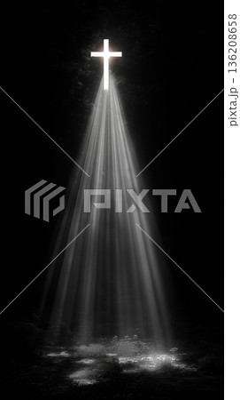 Radiant cross emerges from darkness, casting beams of light in harmony 136208658