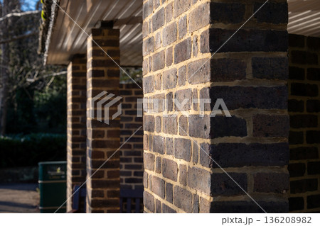 Brick-built shelter in Kelsey Park, a public park in Beckenham, Kent, UK. Brick-built shelter in Kelsey Park, a public park in Beckenham, Kent, UK. 136208982