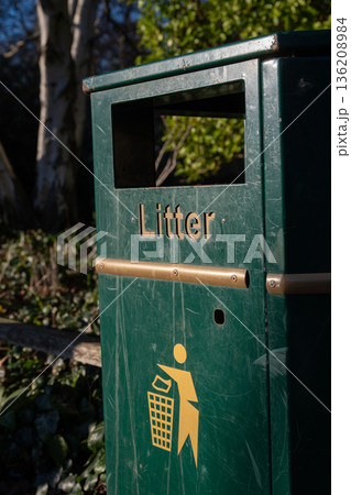 Litter bin in Kelsey Park, a public park in Beckenham, Kent, UK. Litter bin in Kelsey Park, a public park in Beckenham, Kent, UK. 136208984