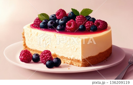 A slice of cheesecake with blueberries and raspberries on top 136209119