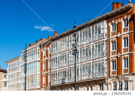 Burgos, Spain: Historic architecture with ornate balconies under a blue sky 136209141