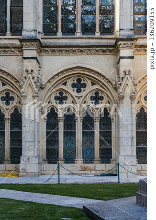 Burgos Cathedral cloister with ornate stonework and stained glass windows 136209155