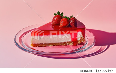 A slice of strawberry cheesecake on a glass plate 136209167