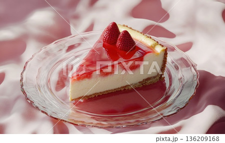 A slice of cheesecake with strawberries on top 136209168