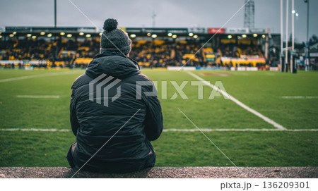 A lone rugby fan watches the match from the...のイラスト素材 [136209301] - PIXTA