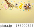Easter spring  holiday card. Playful bunny, painted eggs, willow branches, paper flowers, decorative elements on yellow background 136209525