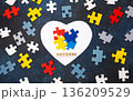 Autism Awareness Day design with colorful and white puzzle pieces on blue background, simple symbolic layout.  support and understanding, top view,  space for text. 136209529