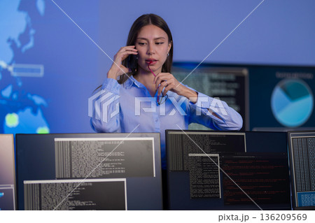 Cybersecurity analyst monitoring threats in a control room environment Cybersecurity analyst monitoring threats in a control room environment 136209569