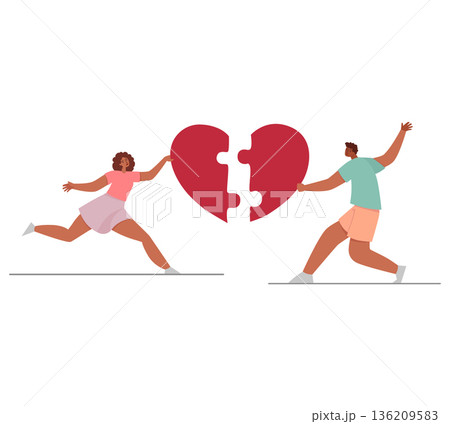 Man and woman holding pieces of heart that is matching. Love couple match. Valentines day. Colorful vector 136209583