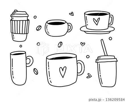 Different cups models. Tea cup, scandinavian kitchen coffee mug with heart on it. Vector mug or cup for tea, cartoon scandinavian ceramic for beverage illustration 136209584