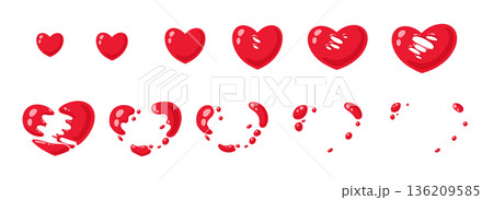 Heart sprite animation. Grow and disappear sprite sequence for like button pressed, game heart explosion graphic template. Vector animate frames set of love heart animation effect illustration 136209585